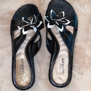 Black slide on sandals